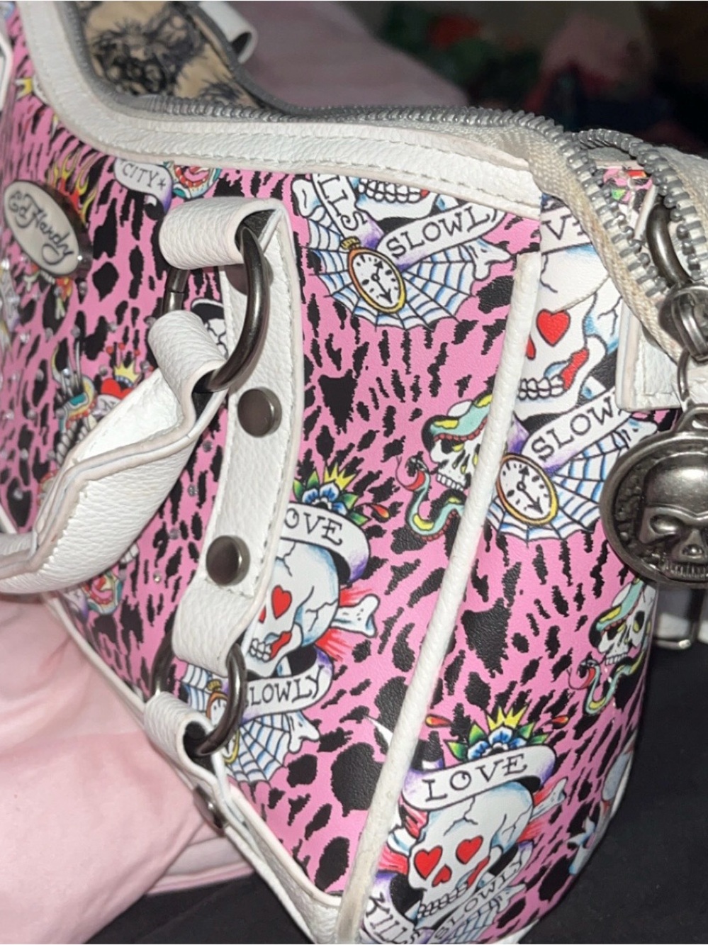 Ed Hardy Pink Skull Tattoo-Print Satchel with White Trim
